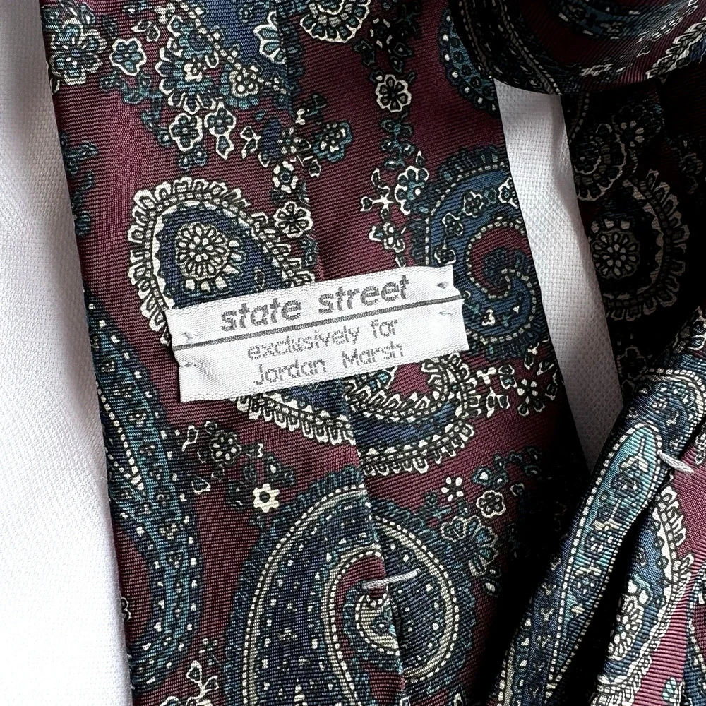 Vintage Paisley Italian Silk Tie State Street Jordan Marsh Burgundy Teal USA